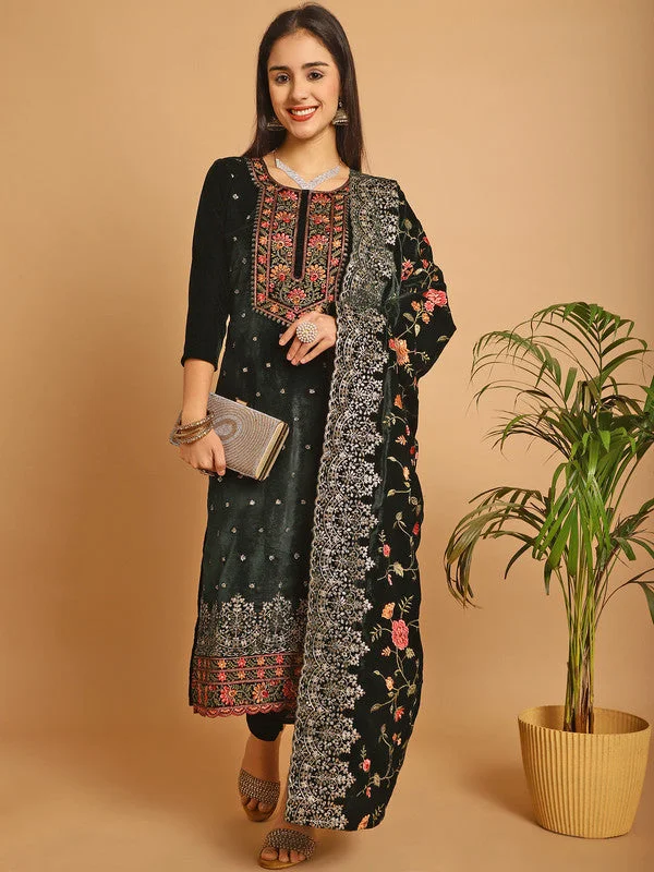 Women's Green Velvet Floral Resham Thread With Jari & Sequince Work Designer Straight Suit Set  (Semi stitched ) - Aastha Fashion