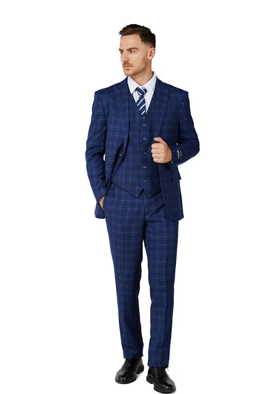 Men's Royal Blue Checker Notched Lapel Suit Slim Fit (3 PCS)