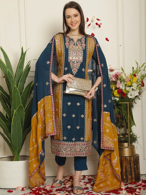 Women's Navy Blue Chinon Chiffon Embroidered Designer Straight Suit Set  (Semi stitched ) - Aastha Fashion