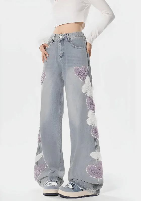 Soft Girl Fluffy Heart Butterfly Jeans