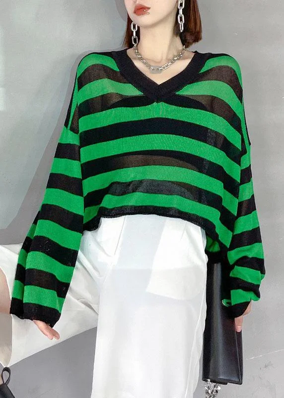 Boho Green Striped V NeckKnit fabric Shirt Summer