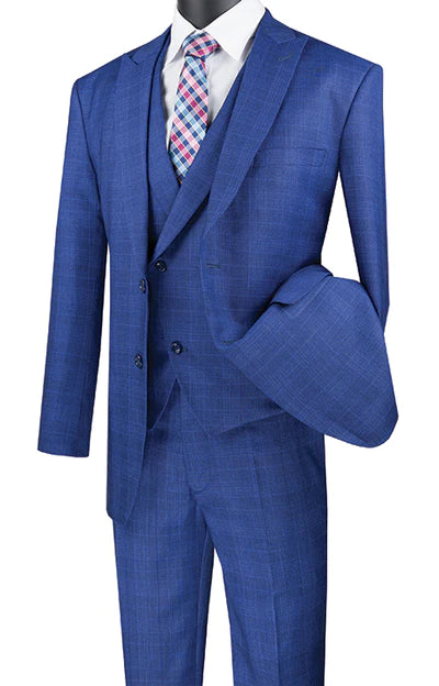 Countess Couture Collection: Blue 3 Piece Glen Plaid Single Breasted Modern Fit Suit