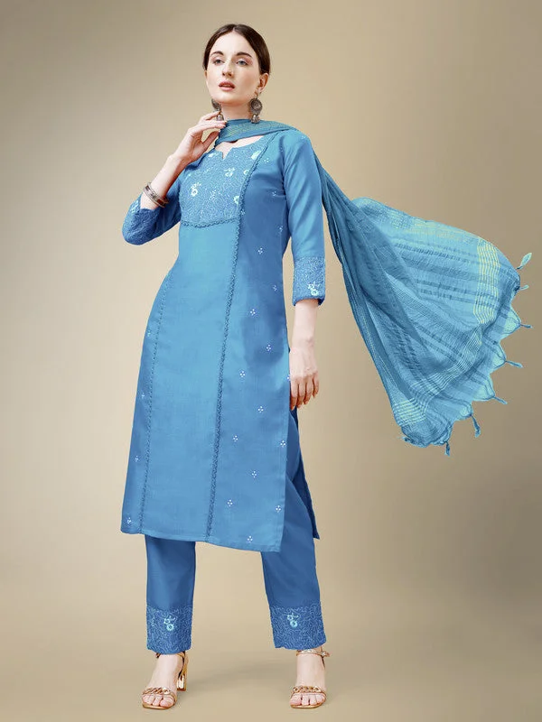 Women's Sky Blue Cotton Blend Embroidery & Fancy Lace Work Kurta With Trouser & Dupatta  (Stitched ) - Aastha Fashion