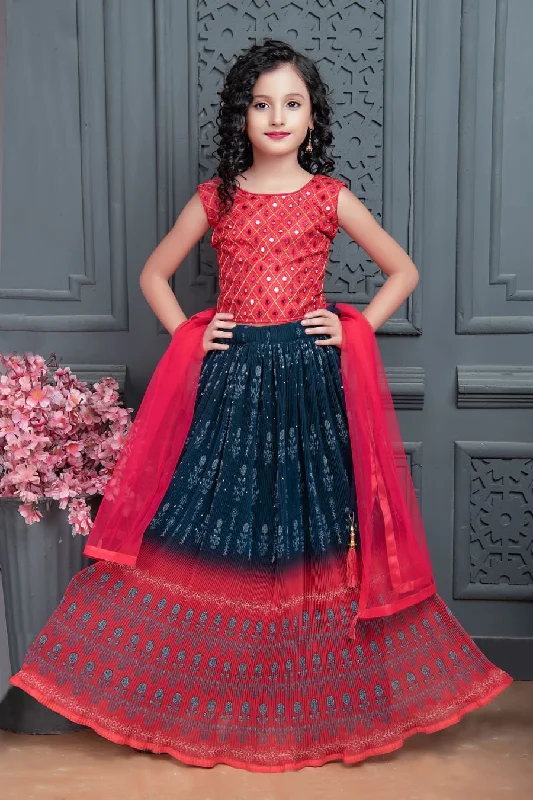 Kid's Red & Blue Digital Printed Crushed Lehenga Banglori Silk Sequence work Choli with Net Dupatta