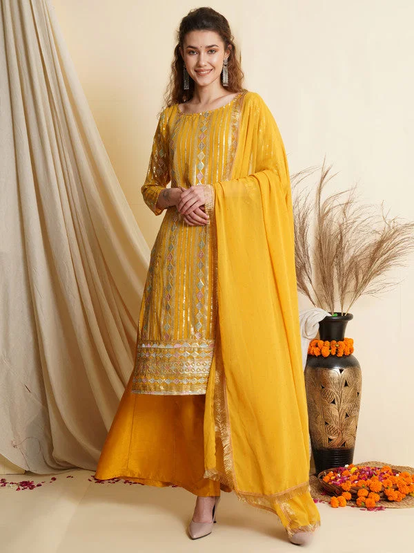 Women's Yellow Georgette Resham Thread With Sequin Designer Straight Suit Set  (Semi stitched ) - Aastha Fashion