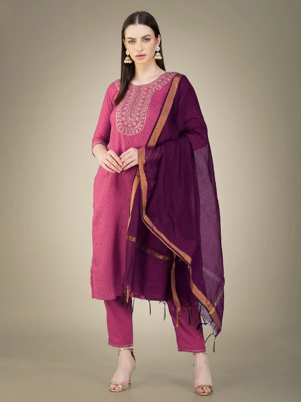 Women's Wine Cotton Magic Slub Embroidery & Sequence Work Kurta With Trouser & Dupatta  (stitched 40 size, Alt 38 to 44 size) - Aastha Fashion