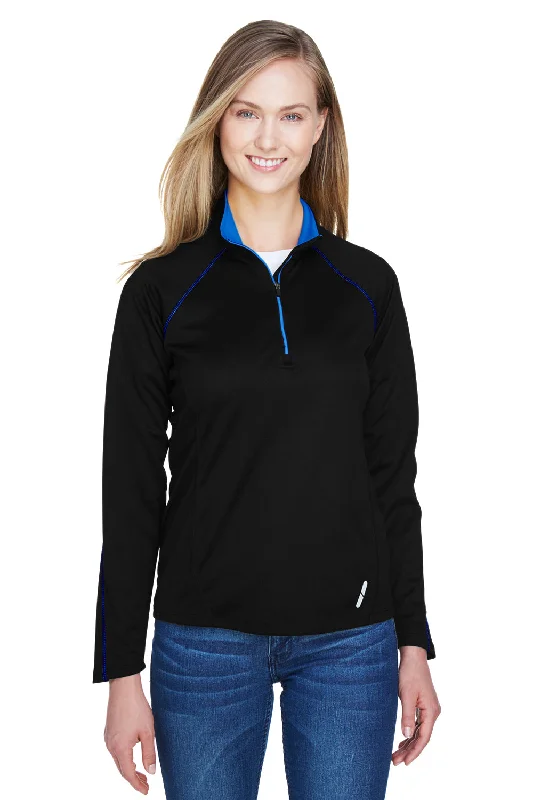 North End Womens Radar Performance Moisture Wicking 1/4 Zip Sweatshirt - Black/True Royal Blue