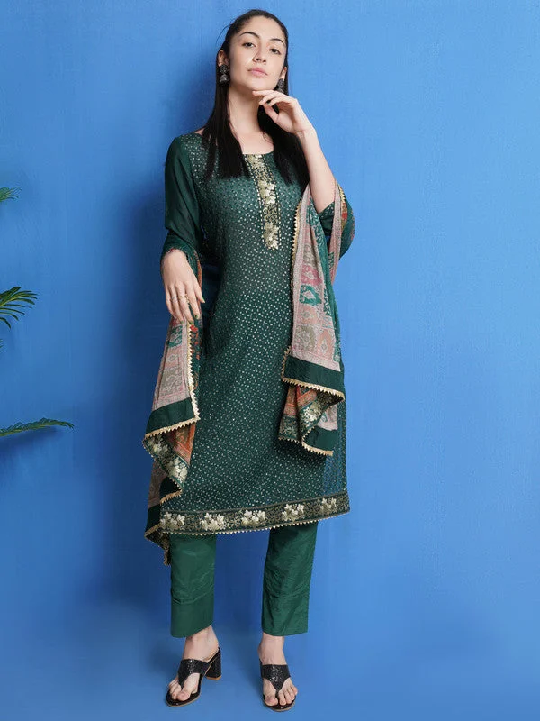 Women's Bottle Green Chinon Chiffon Resham With Sequin & Jacquard Lace Work Designer Straight Suit Set  (Semi stitched ) - Aastha Fashion