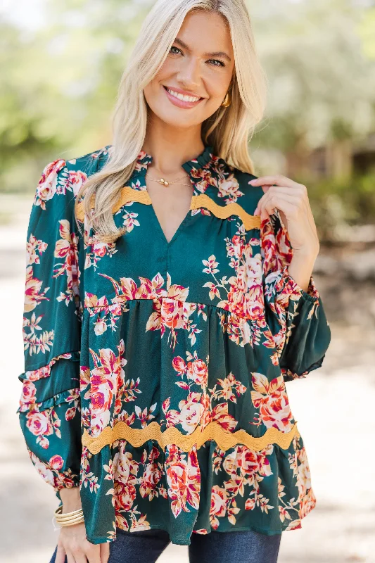 Everyday Joy Hunter Green Floral Blouse