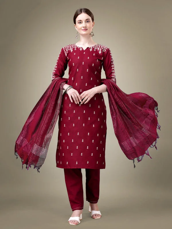 Women's Maroon Cotton Blend Embroidery & Sequence Work Kurta With Trouser & Dupatta  (Stitched ) - Aastha Fashion