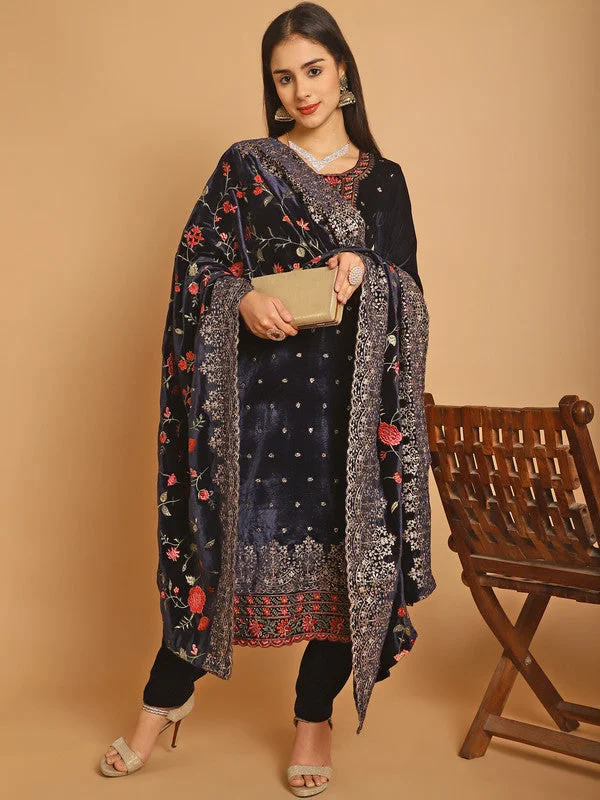 Women's Navy Blue Velvet Floral Resham Thread With Jari & Sequince Work Designer Straight Suit Set  (Semi stitched ) - Aastha Fashion