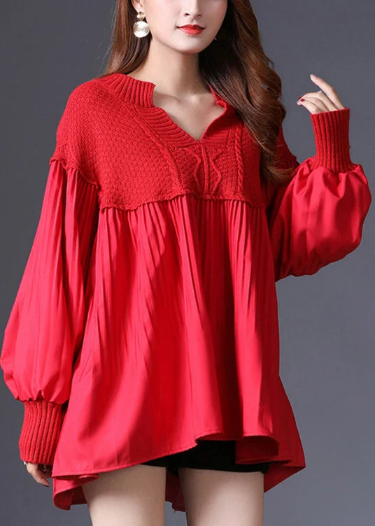 Bohemian Red V Neck Patchwork Knit Pullover Spring