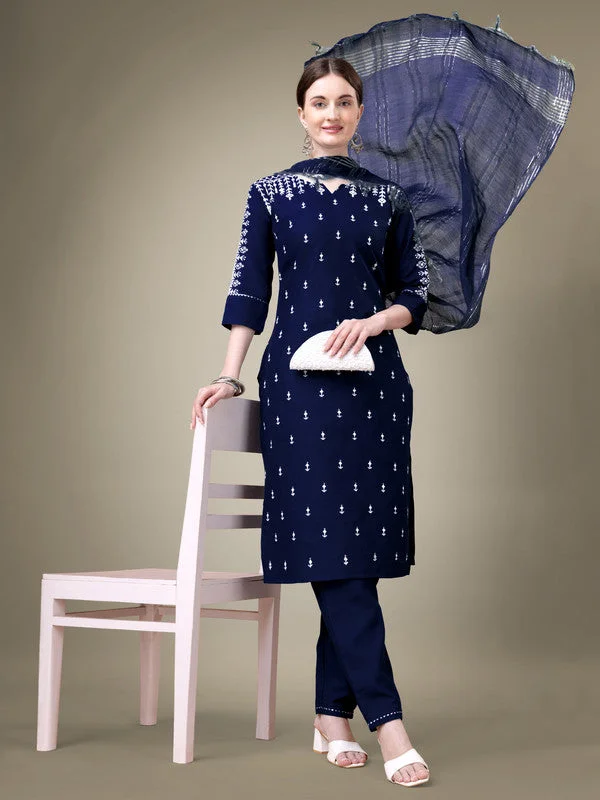 Women's Navy Blue Cotton Blend Embroidery & Sequence Work Kurta With Trouser & Dupatta  (Stitched ) - Aastha Fashion