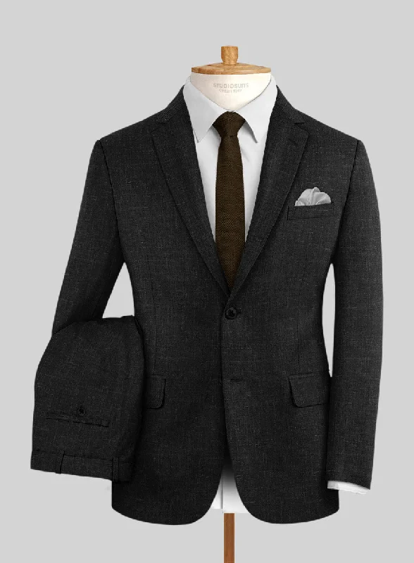 London Loom Black Twill Wool Silk Linen Suit