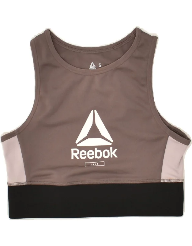 REEBOK Womens Graphic Sport Bra Top UK 8/10 Small Grey Colourblock