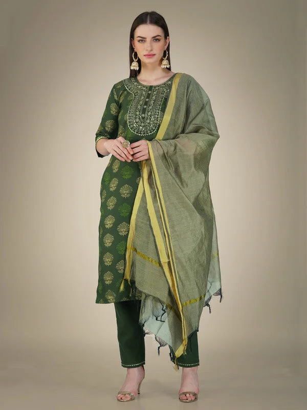 Women's Dark Green Cotton Magic Slub Embroidery & Sequence Work Kurta With Trouser & Dupatta  (stitched 40 size, Alt 38 to 44 size) - Aastha Fashion