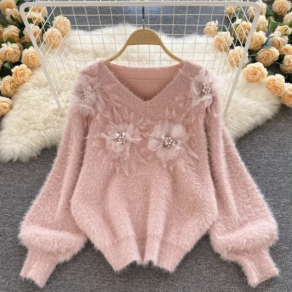 High-end three-dimensional beaded flower V-neck sweater retro knit sweater top    S595