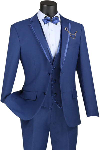 Royal Ravine Collection: Blue 3 Piece Satin Trimmed Lapel Single Breasted Slim Fit Suit