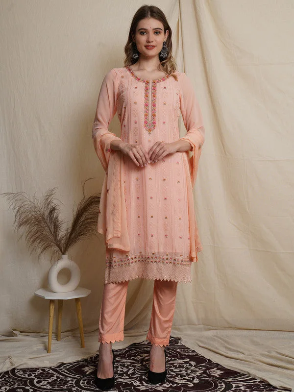 Women's Peach Georgette Floral Resham Thread With Sequin Designer Straight Suit Set  (Semi stitched ) - Aastha Fashion