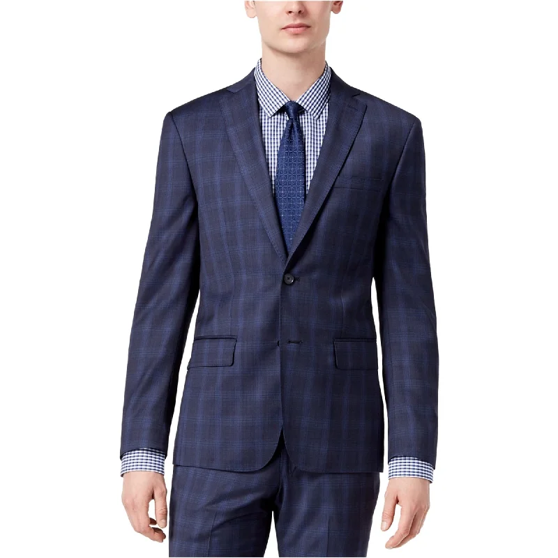 DKNY Mens Plaid Two Button Blazer Jacket, Blue, 40 Regular