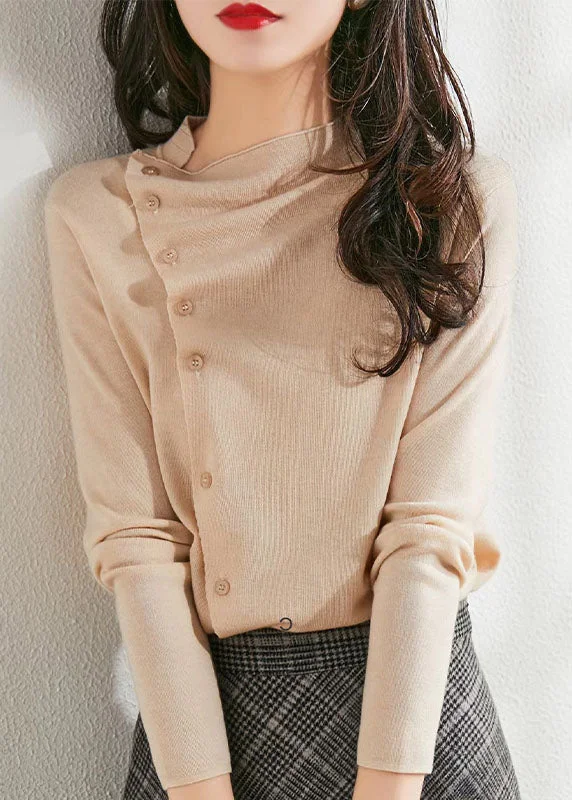 Fashion Beige Asymmetrical Wrinkled Button Wool Knit Pullover Spring