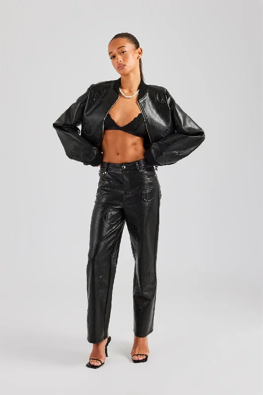 Embossed Cross PU Bomber & Straight Leg Trouser Set - Black