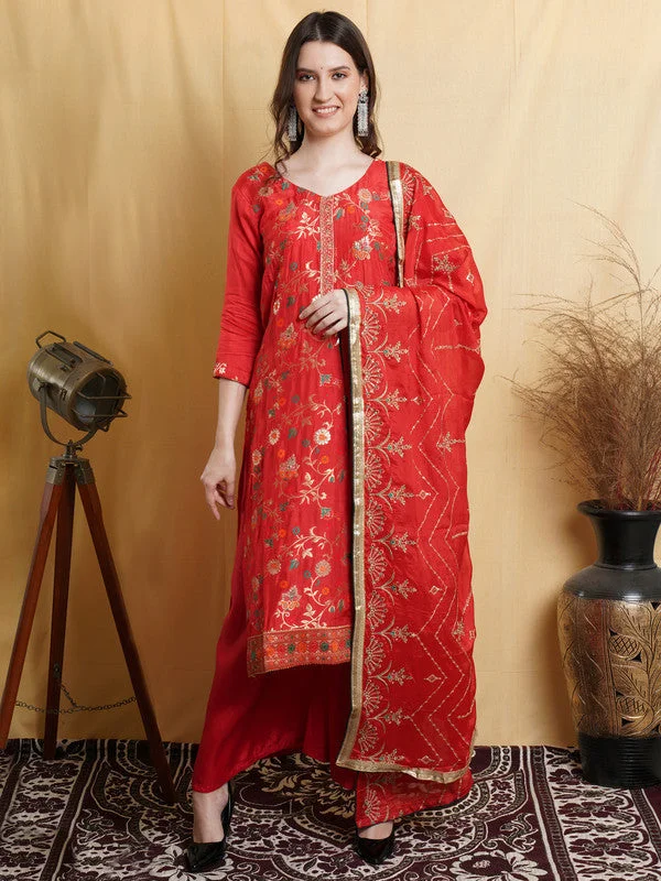 Women's Red Silk Blend Floral Jacquard Weaving Work Designer Straight Suit Set  (Semi stitched ) - Aastha Fashion