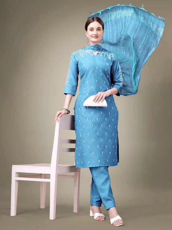 Women's Sky Blue Cotton Blend Embroidery & Sequence Work Kurta With Trouser & Dupatta  (Stitched ) - Aastha Fashion