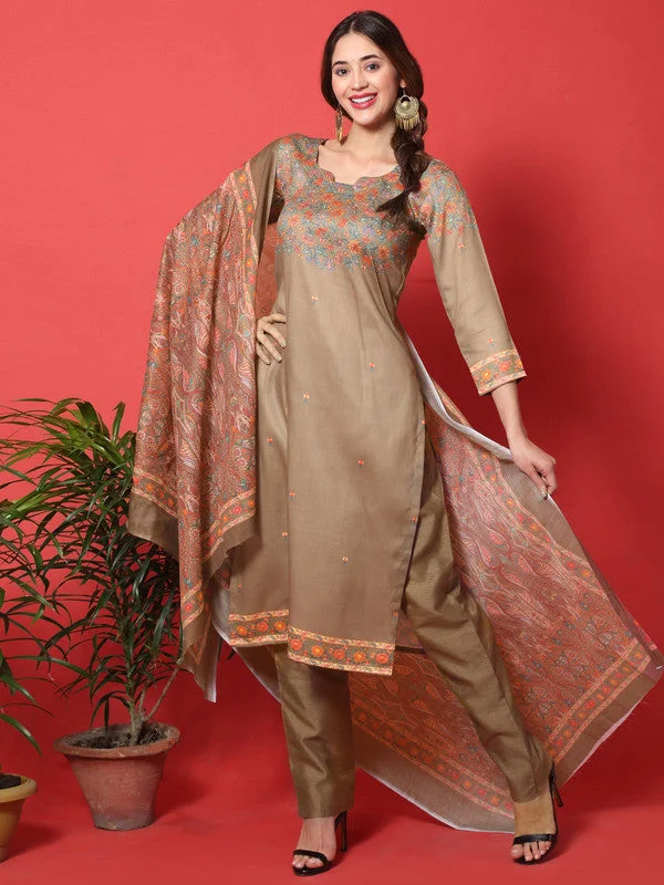 Women's Brown Cotton Digital Printed Festive Wear Designer Straight Suit Set  (Semi stitched ) - Aastha Fashion