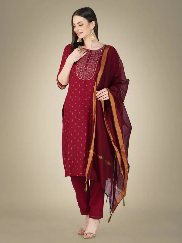 Women's Maroon Cotton Magic Slub Embroidery & Sequence Work Kurta With Trouser & Dupatta  (stitched 40 size, Alt 38 to 44 size) - Aastha Fashion