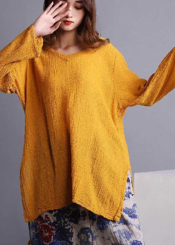 Boho Yellow U Neck low high design Linen Spring Shirt