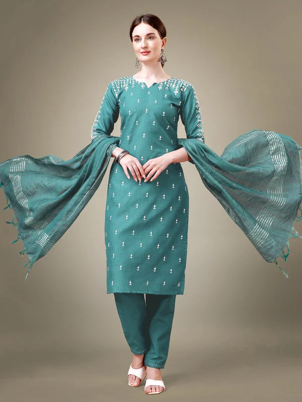 Women's Teal Cotton Blend Embroidery & Sequence Work Kurta With Trouser & Dupatta  (Stitched ) - Aastha Fashion