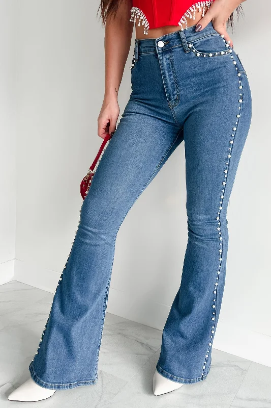 Erica High Rise Pearl Detail Vibrant Flare Jeans (Medium Stone)