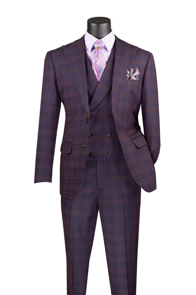 Elegancia Collection: Purple 3 Piece Windowpane Single Breasted Modern Fit Suit