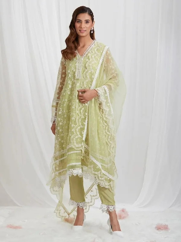 Neon Green Organza Silk Designer Suit with Lace work