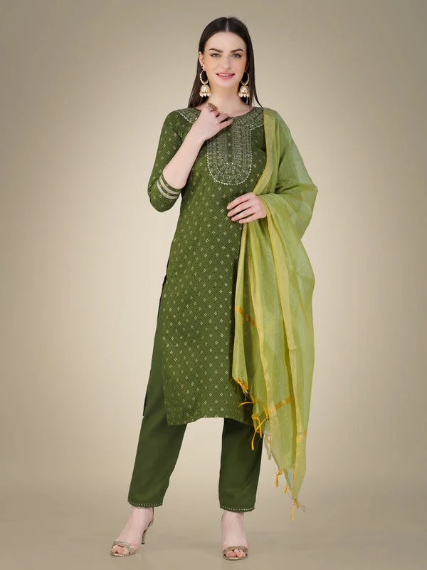 Women's Mehendi Cotton Magic Slub Embroidery & Sequence Work Kurta With Trouser & Dupatta  (stitched 40 size, Alt 38 to 44 size) - Aastha Fashion