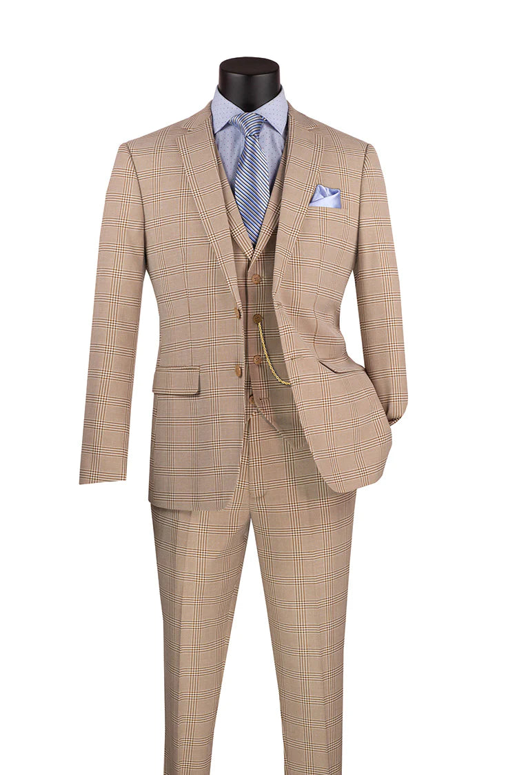 Men's Single Breasted Slim Fit Windowpane 3-Piece Suit in Beige