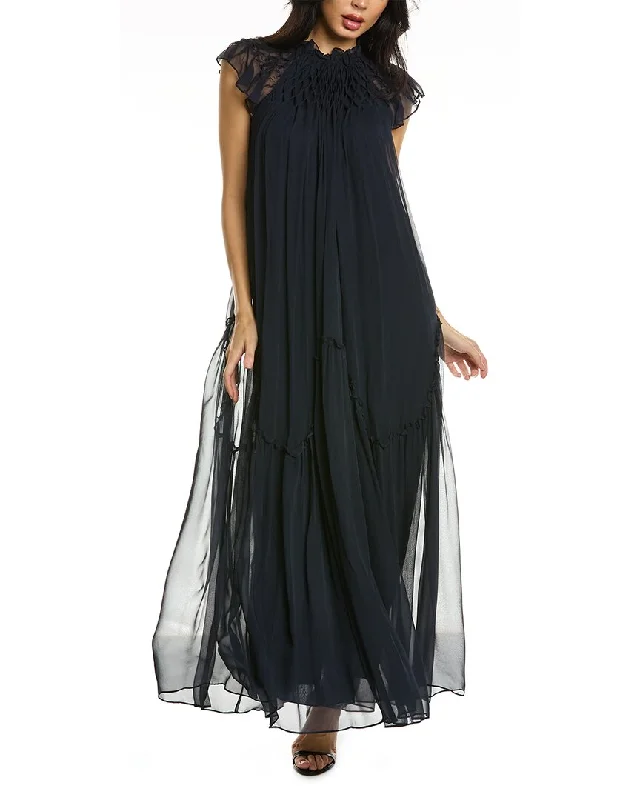 Rebecca Taylor Smocked Chiffon Silk Maxi Dress