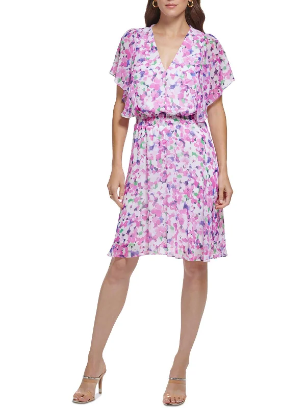 Womens Chiffon Smocked Fit & Flare Dress