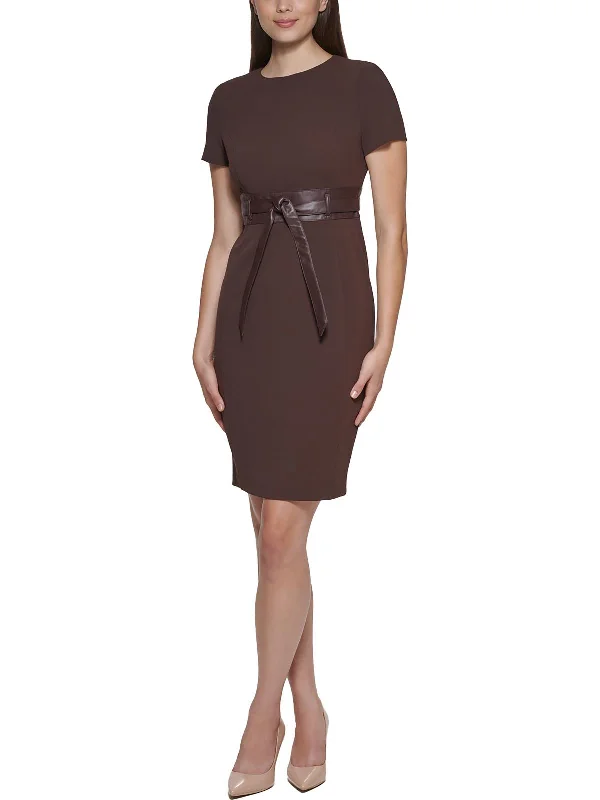 Womens Faux Leather Belted Sheath Dress