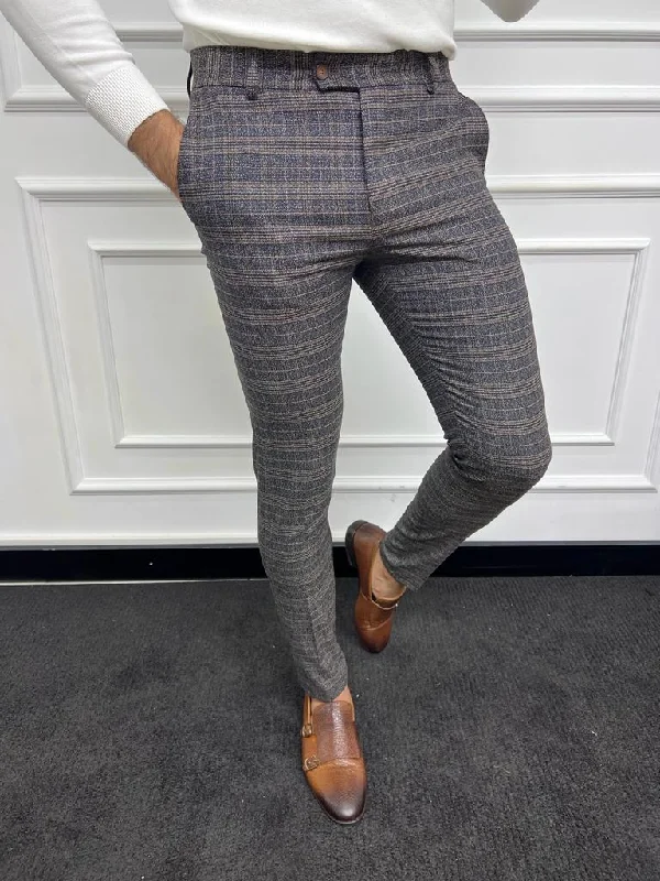 Bojoni Astoria Navy Blue Slim Fit Plaid Wool Pants