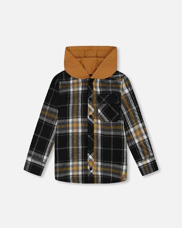 Button Down Flannel Shirt With Hood Plaid Black And Caramel