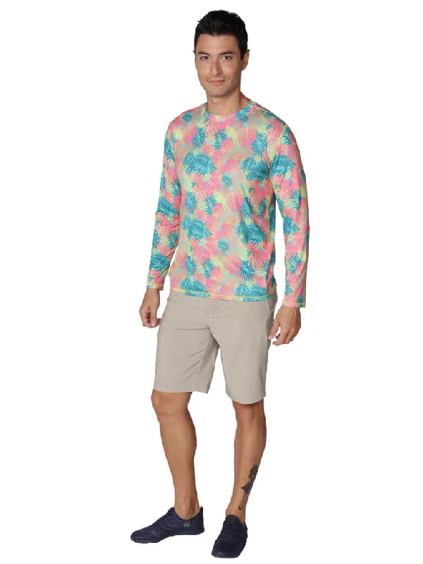 Men's Long Sleeve sun shirt in lush leaves print pattern